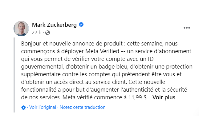 Mark Zuckerberg annonce un service payant pour vérifier les comptes Facebook et Instagram